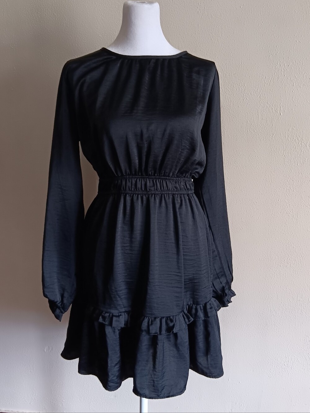 Black Whimsigoth Long Sleeve Ruffle Hem Midi Dress XS, Elastic Waist, Silky